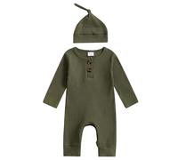 MAHUAOYIXI Infant Baby Boy Solid Colour Romper Full Length Jumpsuit Newborn Baby Boys' Long Sleeve Bodysuits Button Up Footies with Hat 2Pcs Set Fall Winter One-Piece Outfits (Forest Green, Newborn)