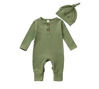 MAHUAOYIXI Infant Baby Boy Solid Colour Romper Full Length Jumpsuit Newborn Baby Boys' Long Sleeve Bodysuits Button Up Footies with Hat 2Pcs Set Fall Winter One-Piece Outfits (Army Green, Newborn)