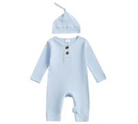 MAHUAOYIXI Infant Baby Boy Solid Colour Romper Full Length Jumpsuit Newborn Baby Boys' Long Sleeve Bodysuits Button Up Footies with Hat 2Pcs Set Fall Winter One-Piece Outfits (Sky Blue, Newborn)