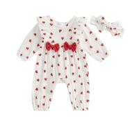 MAHUAOYIXI Infant Baby Girls Rompers Newborn Baby Girls' Bodysuits Long Sleeve Heart/Bow Print Ruffles Bowknot Full Length Jumpsuit and Headband for Baby Girl Fall Clothes Set (White, 9-12 Months)