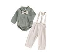 MAHUAOYIXI Newborn Baby Boy Gentleman Suit 0-24M Toddler Infant Boys Fall Winter Outfit Solid Color Long Sleeve Rompers With Bow Tie Shirts and Suspender Pants 2 Piece Clothes Set (Green, 0-3 Months)