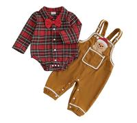 MAHUAOYIXI Newborn Baby Boys Christmas Outfits Plaid Long Sleeve Lapel Romper and Gingerbread Man Embroidery Suspender Pants Infant Boys 2Pcs Christmas Clothes (Red, 3-6 Months)