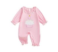 MAHUAOYIXI Newborn Baby Girls First Birthday Outfits Cake Embroidery Sweatshirt Romper Ruffled Round Neck Long Sleeve Jumpsuits Toddler Infant Girls Clothes Birthday Gift (Pink, 6-12 Months)