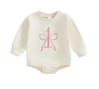 MAHUAOYIXI Newborn Baby Girls First Birthday Outfits Letter Bow Number Embroidery Romper Long Sleeve Bodysuits Toddler Infant Girls Clothes Birthday Gift For Baby Girl (Beige, 6-12 Months)