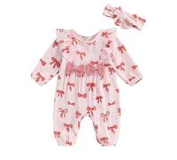 MAHUAOYIXI Newborn Baby Girls Outfits Bowknot/Cherry Print Ruffles Long Sleeve Jumpsuits Crew Neck Romper with Headband Infant Baby Girls Clothes (Pink, 0-1 Months)
