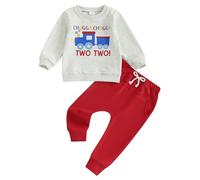 MAHUAOYIXI Toddler Baby Boy 2nd Birthday Outfit Long Sleeve Letter Train Print Sweatshirt Pullover Shirt Top and Elastic Waist Pants 2Pcs Tracksuit Second Birthday Clothes for Little Boys (Red, 2-3T)
