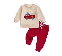 MAHUAOYIXI Toddler Baby Boy Birthday Outfit Long Sleeve Birth Truck Embroidery Sweatshirt Pullover Tops and Elastic Waist Solid Pants 2Pcs Tracksuit Kids Boys Birthday Clothes (Red, 0-6 Months)