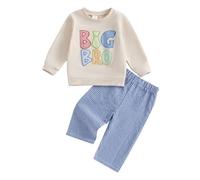 MAHUAOYIXI Toddler Baby Boy Brothers Matching Outfit Long Sleeve Letter Pattern Sweatshirt Pullover Top and Elastic Plaid Pnats 2Pcs Tracksuit Set Clothes for Little Boys (Beige Big, 5-6 Years)