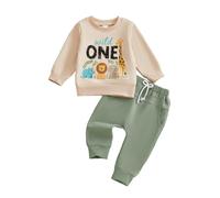 MAHUAOYIXI Toddler Baby Boy First Birthday Outfit Long Sleeve Letter Animal Print Sweatshirt Pullover Tops and Drawstring Pants 2Pcs Tracksuit Kids Boys 1st Birthday Clothes (Beige, 12-18 Months)