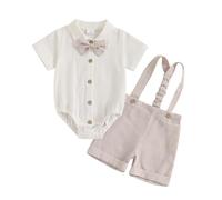 MAHUAOYIXI Toddler Baby Boy Gentleman Outfit Solid Color Short Sleeve Lapel Neck Romper Bodysuit with Bowtie T-shirt and Stripe Suspender Shorts 3Pcs Set Clothes for Little Boy (Khaki, 6-9 Months)