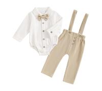 MAHUAOYIXI Toddler Baby Boy Gentleman Outfits 0-18M Long Sleeve Solid Romper Bodysuit Button-up Lapel Shirts Top with Bow Tie and Overall Pants Sets 3Pcs Clothes for Little Boys (Khaki, 6-12 Months)