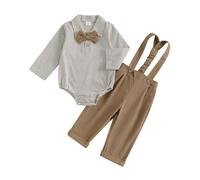 MAHUAOYIXI Toddler Baby Boy Gentleman Outfits Long Sleeve Lapel Striped Romper Bodysuit Button up Shirts Top with Bow Tie and Solid Suspender Pants 3Pcs Formal Clothes for Boys (Khaki, 6-9 Months)