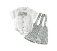 MAHUAOYIXI Toddler Baby Boy Gentleman Outfits Short Sleeve Lapel Romper Bodysuit Button-up Shirts Top with Bow Tie and Plaid Suspender Shorts 3Pcs Formal Clothes for Boys (Green, 0-3 Months)