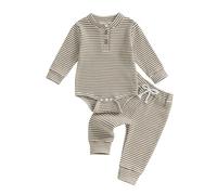 MAHUAOYIXI Toddler Baby Boy Girl Fall Winter Outfit Long Sleeve Stripe Romper Bodysuit Shirt Top and Elastic Waist Long Pants 2 Piece Tracksuit Set Waffle Clothes for Little Kids (Khaki, 3-6 Months)