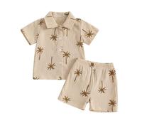 MAHUAOYIXI Toddler Baby Boy Spring Summer Outfits Short Sleeve Palm Tree Print T shirt Button up Top Shirts and Elastic Waist Shorts Sets 2Pcs Baby Clothes for Little Boys (Khaki, 18-24 Months)
