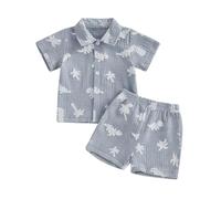 MAHUAOYIXI Toddler Baby Boy Spring Summer Outfits Short Sleeve Palm Tree Print T shirt Button up Top Shirts and Elastic Waist Shorts Sets 2Pcs Baby Clothes for Little Boys (Blue Gray, 6-12 Months)