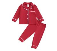 MAHUAOYIXI Toddler Baby Girl Boy Solid Pajamas Sets Long Sleeve Lapel Neck Button Down Shirts Tops with Elastic Waist Long Pants Sets 2Pcs Sleepwear Loungewear Nightwear (Red, 3-4 Years)