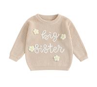 MAHUAOYIXI Toddler Baby Girl Matching Sister Sweater Long Sleeve 3D Flower Big Sis Embroidery Jumper Knit Sweatshirt Warm Knitted Pullover Tops Knitwear Girls Sister Outfit (Beige Big Sis, 2-3 Years)