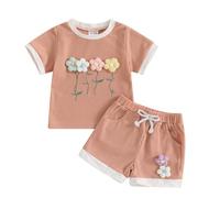 MAHUAOYIXI Toddler Baby Girl Spring Summer Outfits Short Sleeve 3D Flower Embroidery Sweatshirt Pullover Top and Elastic Waist Shorts Sets 2Pcs Baby Clothes for Little Girls (Pink, 2-3 Years)