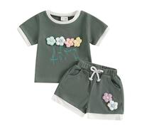 MAHUAOYIXI Toddler Baby Girl Spring Summer Outfits Short Sleeve 3D Flower Embroidery Sweatshirt Pullover Top and Elastic Waist Shorts Sets 2Pcs Baby Clothes for Little Girls (Green, 18-24 Months)