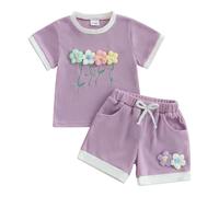 MAHUAOYIXI Toddler Baby Girl Spring Summer Outfits Short Sleeve 3D Flower Embroidery Sweatshirt Pullover Top and Elastic Waist Shorts Sets 2Pcs Baby Clothes for Little Girls (Purple, 3-4 Years)