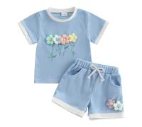 MAHUAOYIXI Toddler Baby Girl Spring Summer Outfits Short Sleeve 3D Flower Embroidery Sweatshirt Pullover Top and Elastic Waist Shorts Sets 2Pcs Baby Clothes for Little Girls (Sky Blue, 12-18 Months)