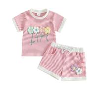 MAHUAOYIXI Toddler Baby Girl Spring Summer Outfits Short Sleeve 3D Flower Embroidery Sweatshirt Pullover Top and Elastic Waist Shorts Sets 2Pcs Baby Clothes for Little Girls (Rose, 3-4 Years)