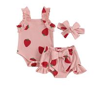 MAHUAOYIXI Toddler Baby Girl Summer Outfit Fly Sleeve Crew Neck Bow Print Romper Bodysuit with Elastic Waist Ruffle Shorts and Tie-up Headband 3Pcs Set Clothes for Little Girl (Red, 6-12 Months)