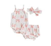 MAHUAOYIXI Toddler Baby Girl Summer Outfit Fly Sleeve Crew Neck Bow Print Romper Bodysuit with Elastic Waist Ruffle Shorts and Tie-up Headband 3Pcs Set Clothes for Little Girl (White, 3-6 Months)