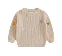 MAHUAOYIXI Toddler Baby Girl Warm Sweater Long Sleeve Heart Embroidery Knit Jumper Sweatshirt Knitted Pullovers Cozy Chunky Knitwear Valentine's Day Clothes for Little Girl (Beige, 6-9 Months)