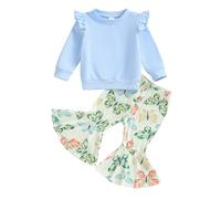 MAHUAOYIXI Toddler Baby Girls 2Pcs Outfits Flying Sleeve Tops Round Neck Sweatshirts + loral/Butterfly/Strawberry Print Flare Pants Set Girls Clothes (Blue, 12-18 Months)