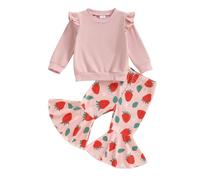 MAHUAOYIXI Toddler Baby Girls 2Pcs Outfits Flying Sleeve Tops Round Neck Sweatshirts + loral/Butterfly/Strawberry Print Flare Pants Set Girls Clothes (Red, 12-18 Months)
