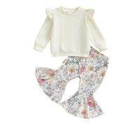 MAHUAOYIXI Toddler Baby Girls 2Pcs Outfits Flying Sleeve Tops Round Neck Sweatshirts + loral/Butterfly/Strawberry Print Flare Pants Set Girls Clothes (Beige, 6-12 Months)