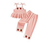 MAHUAOYIXI Toddler Baby Girls Outfits Crochet Strawberry Embroidery Sleeveless Ruffled Camisole Top with Elastic Waist Pants Sets 2Pcs Baby Clothes for Girls (Pink, 3-4 Years)
