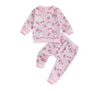 MAHUAOYIXI Toddler Baby Girls Outfits Duck Strawberry Print Long Sleeve Round Neck Sweatshirts Tops with Elastic Waist Pants Sets 2Pcs Baby Waffle Clothes for Girls (Pink, 18-24 Months)