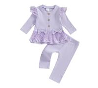 MAHUAOYIXI Toddler Baby Girls Outfits Lace Ribbed Ruffle Long Sleeve Bowknot Shirt Top with Elastic Waist Pants 2Pcs Set Baby Clothes for Girls (Purple, 12-18 Months)