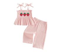 MAHUAOYIXI Toddler Baby Girls Outfits Ladybug/Strawberry Embroidery Sleeveless Cami Tops with Elastic Waist Long Pants Sets 2Pcs Baby Summer Clothes for Girls (Pink, 3-4 Years)