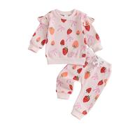MAHUAOYIXI Toddler Baby Girls Outfits Strawberry Bow Print Long Sleeve Round Neck Sweatshirts Tops Flysleeve with Elastic Waist Pants Sets 2Pcs Baby Clothes for Girls (Pink, 3-6 Months)