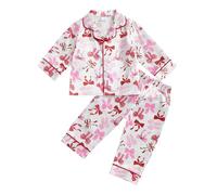 MAHUAOYIXI Toddler Baby Girls Satin Pajamas Outfits Heart/Bow Print Long Sleeve Lapel Neck Shirt Top with Elastic Pants Sets 2Pcs Loungewear Sleepwear Clothes for Little Girls (Purple, 12-18 Months)