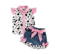 MAHUAOYIXI Toddler Baby Girls Summer Outfits Fly Sleeve Cow Print Shirt Top Lapel Neck Button-up Sweatshirt with Elastic Waist Denim Ruffle Shorts Sets 2Pcs Clothes for Little Girls (Pink, 4-5 Years)