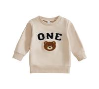 MAHUAOYIXI Toddler Boys 1st Birthday Sweatshirt Letter Bear Embroidered Crew Neck Long Sleeve Pullover Tops Loose Fit Casual Shirts Hoodies for Baby Boy First Birthday Outfits (Beige, 12-18 Months)