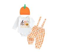 MAHUAOYIXI Toddler Boys 1st Halloween Outfits Long Sleeve Letter Print Romper Bodysuit and Pumpkin Print Suspender Pants and Hat 3Pcs Set Baby Boy First Halloween Clothes (White, 0-3 Months)