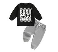 MAHUAOYIXI Toddler Boys Birthday Outfits 1-6 Years Long Sleeve Letter Checker Print Sweatshirts Pullover and Elastic Waist Solid Pants 2Pcs Set Baby Boy Birthday Clothes