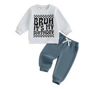 MAHUAOYIXI Toddler Boys Birthday Outfits 1-6 Years Long Sleeve Letter Checker Print Sweatshirts Pullover and Elastic Waist Solid Pants 2Pcs Set Baby Boy Birthday Clothes