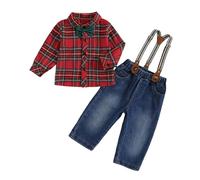 MAHUAOYIXI Toddler Boys Christmas Gentleman Outfits Long Sleeve Lapel Plaid Tops Sweatshirt Pullover with Bow Tie and Denim Suspender Pants 3Pcs Set Baby Boy Christmas Clothes (Red, 3-4 Years)