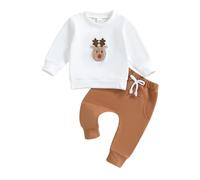 MAHUAOYIXI Toddler Boys Christmas Outfits Reindeer Embroidery Long Sleeve T-shirt Sweatshirts with Elastic Waist Pants 2Pcs Tracksuits Baby Boys Christmas Clothes (Khaki, 2-3 Years)