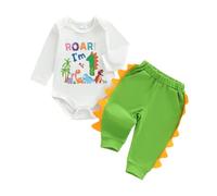 MAHUAOYIXI Toddler Boys First Birthday Outfits Letters Dinosaur Printed Long Sleeve Romper Bodysuit Jumpsuit and Elastic Waist Long Pants 2Pcs Set Baby Boy 1st Birthday Clothes (White, 12-18 Months)