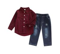 MAHUAOYIXI Toddler Boys Gentleman Outfits Lapel Neck Long Sleeve Plaid Print Shirts Button-up Top T-shirt and Ripped Jeans Elastic Denim Pants Trousers 2Pcs Sets Kid Boy Tracksuit (Red, 5-6 Years)