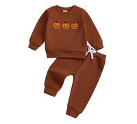 MAHUAOYIXI Toddler Boys Halloween Outfits Long Sleeve Ghost/Pumpkin Embroidery Sweatshirt Pullover and Elastic Sweatpants 2Pcs Tracksuit Set Baby Boy Halloween Clothes 2-3 Years (Brown, 18-24 Months)
