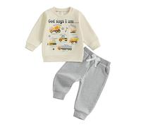 MAHUAOYIXI Toddler Boys Outfits 18-24 Months Long Sleeve Tool Cars Print Sweatshirts Pullover Tops and Solid Color Elastic Waist Pants 2Pcs Set Baby Boy Tracksuit 2-3 Years (Beige, 3-4 Years)